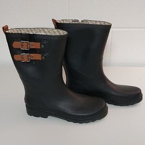 CHOOKA RAIN BOOTS, 12" SHAFT, BLACK WITH BROWN BUCKLES SIZE 10